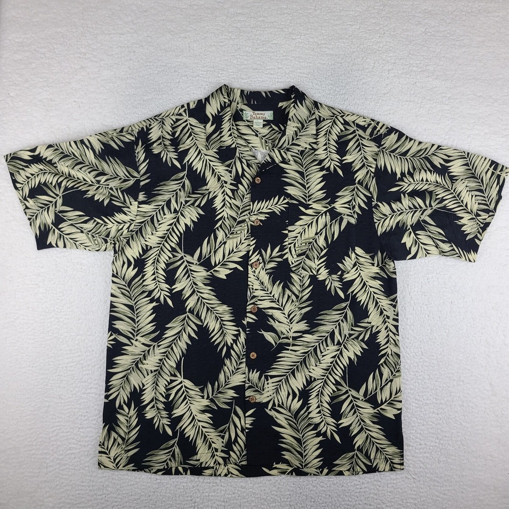 Tommy Bahama Shirt Mens Large Black Green Floral Leaf Hawaiian Silk‎ Button Up